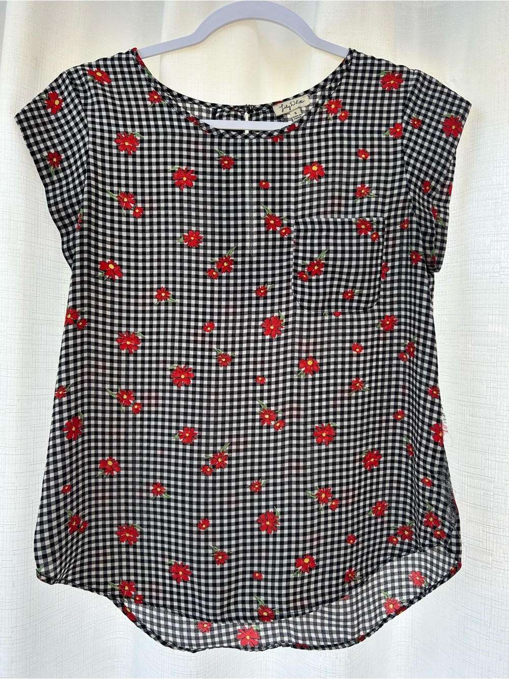 Lily White Black & White Gingham Top with Red Floral Print